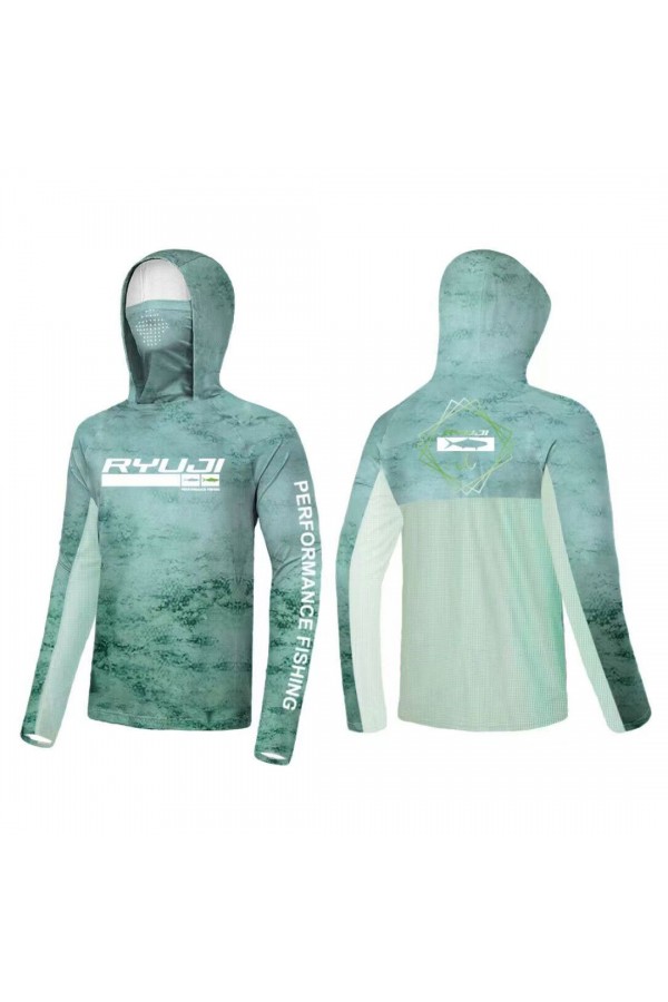 RYUJI UV PERFORMANCE HOODIE SHIRT+NECK, GREEN SKY